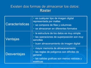 Existen dos formas de almacenar los datos:  Raster mayor memoria de almacenamiento las reglas de polígonos son difíciles de generar las salidas graficas son menos vistosas y estéticas Desventajas  la estructura de los datos es muy simple las operaciones de superposición son muy sencillas buen almacenamiento de imagen digital Ventajas  es cualquier tipo de imagen digital representada por mallas se compone de filas y columnas se almacenan en diferentes formatos Características  