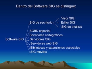 Dentro del Software SIG se distingue: Visor SIG SIG de escritorio  Editor SIG SIG de análisis SGBD espacial Servidores cartográficos Software SIG  Servidores SIG  Servidores web SIG  Bibliotecas y extensiones espaciales SIG móviles 