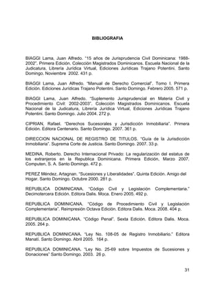 BIBLIOGRAFIA
BIAGGI Lama, Juan Alfredo. “15 años de Jurisprudencia Civil Dominicana: 1988-
2002”. Primera Edición. Colección Magistrados Dominicanos. Escuela Nacional de la
Judicatura, Librería Jurídica Virtual, Ediciones Jurídicas Trajano Potentini. Santo
Domingo. Noviembre 2002. 431 p.
BIAGGI Lama, Juan Alfredo. “Manual de Derecho Comercial”. Tomo I. Primera
Edición. Ediciones Jurídicas Trajano Potentini. Santo Domingo. Febrero 2005. 571 p.
BIAGGI Lama, Juan Alfredo. “Suplemento Jurisprudencial en Materia Civil y
Procedimiento Civil: 2002-2003”. Colección Magistrados Dominicanos. Escuela
Nacional de la Judicatura, Librería Jurídica Virtual, Ediciones Jurídicas Trajano
Potentini. Santo Domingo. Julio 2004. 272 p.
CIPRIAN, Rafael. “Derechos Sucesorales y Jurisdicción Inmobiliaria”. Primera
Edición. Editora Centenario. Santo Domingo. 2007. 361 p.
DIRECCION NACIONAL DE REGISTRO DE TITULOS. “Guía de la Jurisdicción
Inmobiliaria”. Suprema Corte de Justicia. Santo Domingo. 2007. 33 p.
MEDINA, Roberto. Derecho Internacional Privado: La regularización del estatus de
los extranjeros en la Republica Dominicana. Primera Edición, Marzo 2007.
Computen, S. A. Santo Domingo. 472 p.
PEREZ Méndez, Artagnan. “Sucesiones y Liberalidades”. Quinta Edición. Amigo del
Hogar. Santo Domingo. Octubre 2000. 281 p.
REPUBLICA DOMINICANA. “Código Civil y Legislación Complementaria.”
Decimotercera Edición. Editora Dalis. Moca. Enero 2005. 492 p.
REPUBLICA DOMINICANA. “Código de Procedimiento Civil y Legislación
Complementaria”. Reimpresión Octava Edición. Editora Dalis. Moca. 2008. 404 p.
REPUBLICA DOMINICANA. “Código Penal”. Sexta Edición. Editora Dalis. Moca.
2005. 264 p.
REPUBLICA DOMINICANA. “Ley No. 108-05 de Registro Inmobiliario.” Editora
Manatí. Santo Domingo. Abril 2005. 164 p.
REPUBLICA DOMINICANA. “Ley No. 25-69 sobre Impuestos de Sucesiones y
Donaciones” Santo Domingo. 2003. 26 p.
31
 