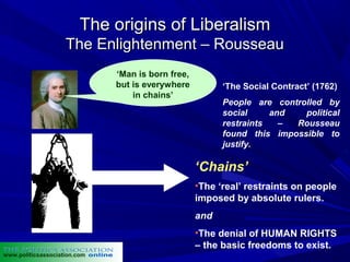 The origins of Liberalism
                    The Enlightenment – Rousseau
                              ‘Man is born free,
                              but is everywhere          ‘The Social Contract’ (1762)
                                  in chains’
                                                         People are controlled by
                                                         social     and   political
                                                         restraints   – Rousseau
                                                         found this impossible to
                                                         justify.

                                                   ‘Chains’
                                                   •The ‘real’ restraints on people
                                                   imposed by absolute rulers.
                                                   and
                                                   •The denial of HUMAN RIGHTS
                                                   – the basic freedoms to exist.
www.politicsassociation.com
 