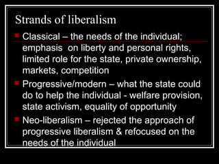 Strands of liberalism
   Classical – the needs of the individual;
    emphasis on liberty and personal rights,
    limited role for the state, private ownership,
    markets, competition
   Progressive/modern – what the state could
    do to help the individual - welfare provision,
    state activism, equality of opportunity
   Neo-liberalism – rejected the approach of
    progressive liberalism & refocused on the
    needs of the individual
 