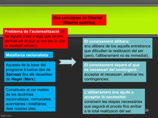 Dos conceptes de llibertat
(llibertat positiva)
Problema de l’autorealització: hi
ha alguna cosa o algú que no em
permet ser el que jo vull ser (o que
la societat vol ser).
Metafísica racionalista
El coneixement allibera:
ens allibera de tos aquells entrebancs
que dificulten la realització del ser
(però, l’alliberament no és immediat).
El coneixement separa el que
és necessari del contingent:
acceptar el necessari, eliminar les
contingències.
Aquesta és la base del
programa il·lustrat des de
Spinoza fins als deixebles
de Hegel (Marx).
L’alliberament ens ajuda a
acceptar la necessitat:
coneixem les etapes necessàries
que seguirà el procés fins arribar
a la total realització del ser.
Constitueix el cor mateix
de les doctrines
nacionalistes, comunistes,
autoritàries i totalitàries
dels nostres dies. 25
 