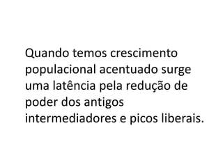 • Picos demográficos provocam
Revoluções Cognitivas;
• Revoluções Cognitivas provocam
modelos mais descentralizados e
sofisticados de Governança e picos
liberais;
• Modelos mais sofisticados e liberais
de Governança provocam picos
demográficos.
 