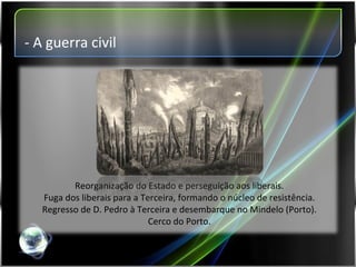 Reorganização do Estado e perseguição aos liberais. Fuga dos liberais para a Terceira, formando o núcleo de resistência. Regresso de D. Pedro à Terceira e desembarque no Mindelo (Porto). Cerco do Porto. - A guerra civil 