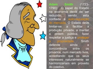 Adam Smith (1723-
1790): O papel do Estado
na economia devia de ser
reduzido, sendo esta
confiada à auto-regulação
do mercado. O Estado deve
limitar-se a facilitar a
produção privada, a manter
a ordem pública, fazer
respeitar a justiça e proteger
a propriedade. Smith
defende ainda a
concorrência entre os
privados, num mercado livre,
acreditando que os seus
interesses naturalmente se
harmonizariam em proveito
do coletivo.
 