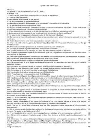 TABLE DES MATIÈRES

PRÉFACE                                                                                                                              1
DÉCRET DE LA SACRÉE CONGRÉGATION DE L'INDEX                                                                                          4
INTRODUCTION                                                                                                                         5
I - Existe-t-il de nos jours quelque chose de connu sous le nom de libéralisme ?                                                     6
II - Qu'est-ce que le libéralisme ?                                                                                                  7
III - Le libéralisme est-il un péché, et quel péché ?                                                                                7
IV - De la gravité spéciale du péché de libéralisme.                                                                                 8
V - Des différents degrés qui peuvent exister et qui existent dans l'unité spécifique du libéralisme                                 9
VI - Du libéralisme catholique ou catholicisme libéral.                                                                             10
VII - En quoi consiste probablement l'essence ou la raison intrinsèque du catholicisme libéral ?VIII - Ombre et pénombre,           11
ou raison extrinsèque de cette même secte catholique libérale.                                                                      12
lX - D'une autre distinction importante, ou du libéralisme pratique et du libéralisme spéculatif ou doctrinal.                      12
X - Le libéralisme de toute nuance et de tout caractère a-t-il été formellement condamné par l'Eglise ?                             13
XI - De la dernière et de la plus solennelle condamnation du libéralisme par le Syllabus.                                           14
XII - D'une chose qui ressemble au libéralisme et qui ne l'est pas et d'une autre qui est le libéralisme quoiqu'elle ne lui res-    15
semble pas.
XIII - Notes et commentaires sur la doctrine exposée dans le chapitre précédent.                                                    16
XIV - Ceci posé, est-il, oui on non, permis à un bon catholique de prendre en bonne part le mot libéralisme, et peut-il se glo-     17
rifier d'être libéral ?
XV - Très simple observation qui achèvera de montrer la question sous son véritable jour.                                           19
XVI - La bonne foi peut-elle aujourd'hui se montrer dans l'erreur du libéralisme ?                                                  20
XVII - Diverses manières dont un catholique peut, sans être libéral, se faire complice du libéralisme.                              21
XVIII - Signes ou symptômes auxquels on peut reconnaître qu'un livre, un journal ou une personne sont infectés ou seule-            22
ment entachés de libéralisme.
XIX - Principales règles de prudence chrétienne que doit observer tout bon catholique dans ses rapports avec les libéraux.          24
XX - Combien il est nécessaire de se précautionner contre les lectures libérales.                                                   25
XXI - De la saine intransigeance catholique opposée à la fausse charité libérale.                                                   26
XXII - De la charité dans ce qu'on appelle les formes de la polémique, et si les libéraux ont raison en ce point contre les         27
apologistes chrétiens.
XXIII - Convient-il, en combattant l'erreur, de combattre et de discréditer la personne qui la soutient ?                           27
XXIV - Réponse à une objection, grave à première vue, contre la doctrine des deux chapitres précédents.                             30
XXV - Confirmation de ce qui vient d'être dit par un article de la Civiltà Cattolica.                                               31
XXVI - Continuation de la belle et écrasante citation de la Civiltà Cattolica.                                                      32
XXVII - Fin de l'opportune et décisive citation de la Civiltà Cattolica.                                                            34
XXVIII - Y a-t-il ou peut-il y avoir dans l'Eglise des ministres de Dieu attaqués de l'abominable contagion du libéralisme?         36
XXIX - Quelle conduite doit observer le bon catholique avec les ministres de Dieu ainsi affectés de libéralisme ?                   37
XXX - Que faut-il penser des relations que le Pape entretient avec les gouvernements et les personnages libéraux ?                  38
XXXI - Pentes par lesquelles un catholique glisse le plus ordinairement dans le libéralisme.                                        39
XXXII - Causes permanentes du libéralisme dans la société actuelle.                                                                 40
XXXIII - Remèdes les plus efficaces et les plus opportuns qu'il convient d'appliquer aux populations dominées par le libéra-        41
lisme.
XXXIV - Signe très apparent auquel on reconnaîtra facilement ce qui procède de l'esprit vraiment catholique et ce qui pro-          42
cède de l'esprit entaché de libéralisme ou radicalement libéral.
XXXV - Quels sont les bons, quels sont les mauvais journaux ; ce qu'il faut penser du bien qui se trouve dans les mauvais           43
et du mal qui se trouve dans les bons.
XXXVI - S'il est bon quelquefois que catholiques et libéraux s'unissent pour une fin commune, et dans quelle condition ?            44
XXXVII - Suite du même sujet.                                                                                                       45
XXXVIII. - S'il est indispensable, ou non, de recourir dans tous les cas à une décision spéciale de l'Église et de ses pas-         46
teurs pour savoir si un écrit ou un individu doivent être rejetés ou combattus comme libéraux ?
XXXIX - Que dire de l'horrible secte du Laïcisme, secte qui, selon quelques-uns, cause depuis peu de si grands ravages              48
dans notre pays ?
XL - S'il est plus convenable de défendre in abstracto les doctrines catholiques contre le libéralisme, que de les défendre         49
au moyen d'un groupe ou parti qui les personnifie ?
XLI - Y a-t-il exagération à ne reconnaître comme parti parfaitement catholique qu'un parti radicalement antilibéral ?              50
XLII - Où l'on donne en passant l'explication simple et claire d'une devise de la Revista popular que beaucoup ont mal              51
comprise.
XLIII - Observation très pratique et très digne d'être prise en considération, sur le caractère, en apparence différent, que        52
présente le libéralisme en différents pays et dans les différentes périodes historiques d'un même pays.
XLIV - Et qu'y a-t-il dans la question du libéralisme sur "la thèse" et sur "l'hypothèse", dont on a tant parlé dans ces derniers   54
temps?
Épilogue et conclusion.                                                                                                             55




                                                                   52
 