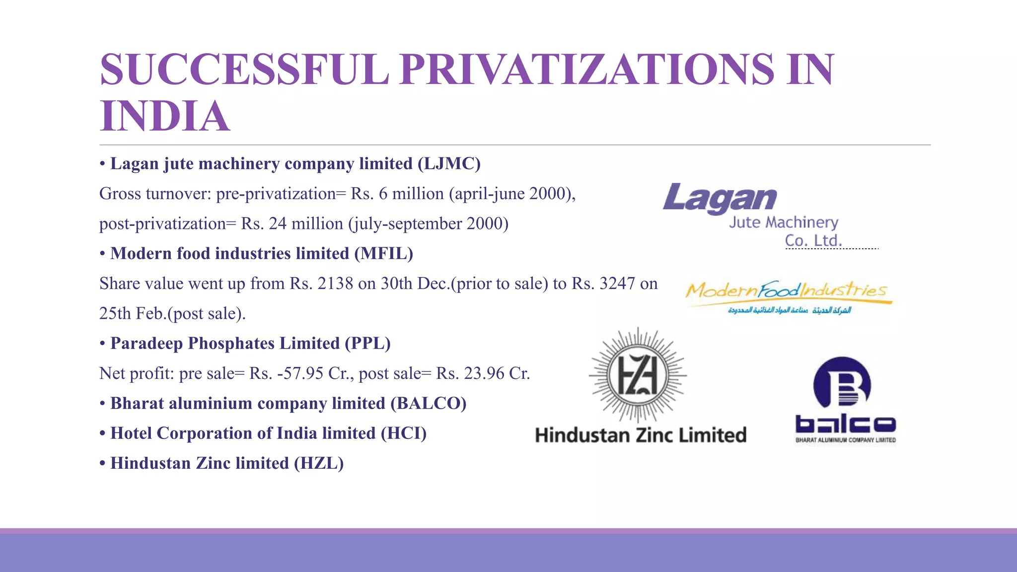 SUCCESSFUL PRIVATIZATIONS IN
INDIA
• Lagan jute machinery company limited (LJMC)
Gross turnover: pre-privatization= Rs. 6 million (april-june 2000),
post-privatization= Rs. 24 million (july-september 2000)
• Modern food industries limited (MFIL)
Share value went up from Rs. 2138 on 30th Dec.(prior to sale) to Rs. 3247 on
25th Feb.(post sale).
• Paradeep Phosphates Limited (PPL)
Net profit: pre sale= Rs. -57.95 Cr., post sale= Rs. 23.96 Cr.
• Bharat aluminium company limited (BALCO)
• Hotel Corporation of India limited (HCI)
• Hindustan Zinc limited (HZL)
 