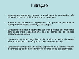 Filtração
• Lipossomas pequenos neutros e positivamente carregados são
eliminados menos rapidamente que os negativos.
• Interação de lipossomas negativados com proteínas plasmáticas
pode promover rápida eliminação do sangue.
• Lipossomas grandes negativados são incorporados por monócitos
sangüíneos mais eficientemente que os compostos de lipídeos
positivados ou neutros.
• Lipossomas grandes negativados têm maior tendência de serem
incorporados pelo pulmão que os positivados ou neutros.
• Lipossomas carregando um ligante específico na superfície tendem
a ser mais rapidamente eliminados do sangue que os negativados.
 