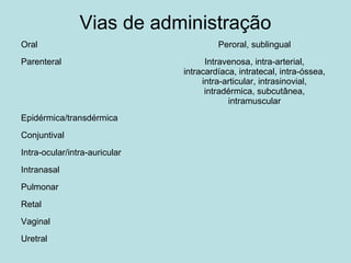Vias de administração
Oral Peroral, sublingual
Parenteral Intravenosa, intra-arterial,
intracardíaca, intratecal, intra-óssea,
intra-articular, intrasinovial,
intradérmica, subcutânea,
intramuscular
Epidérmica/transdérmica
Conjuntival
Intra-ocular/intra-auricular
Intranasal
Pulmonar
Retal
Vaginal
Uretral
 