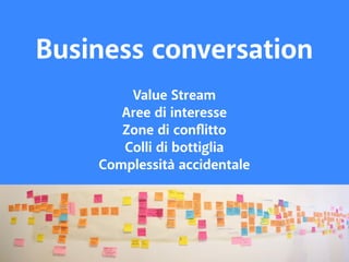 Business conversation 
Value Stream 
Aree di interesse 
Zone di conflitto 
Colli di bottiglia 
Complessità accidentale 
 