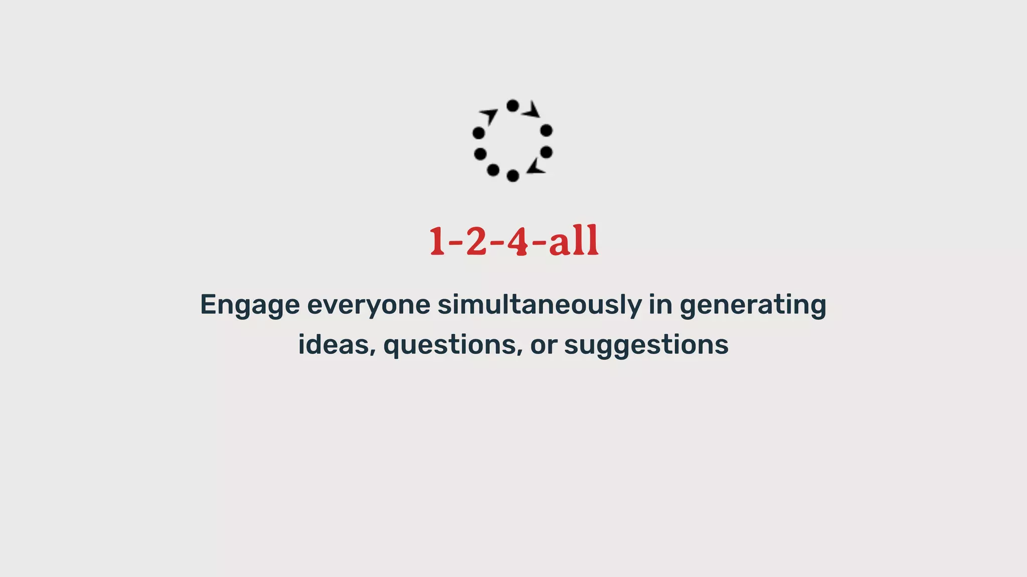 1-2-4-all
Engage everyone simultaneously in generating
ideas, questions, or suggestions
 