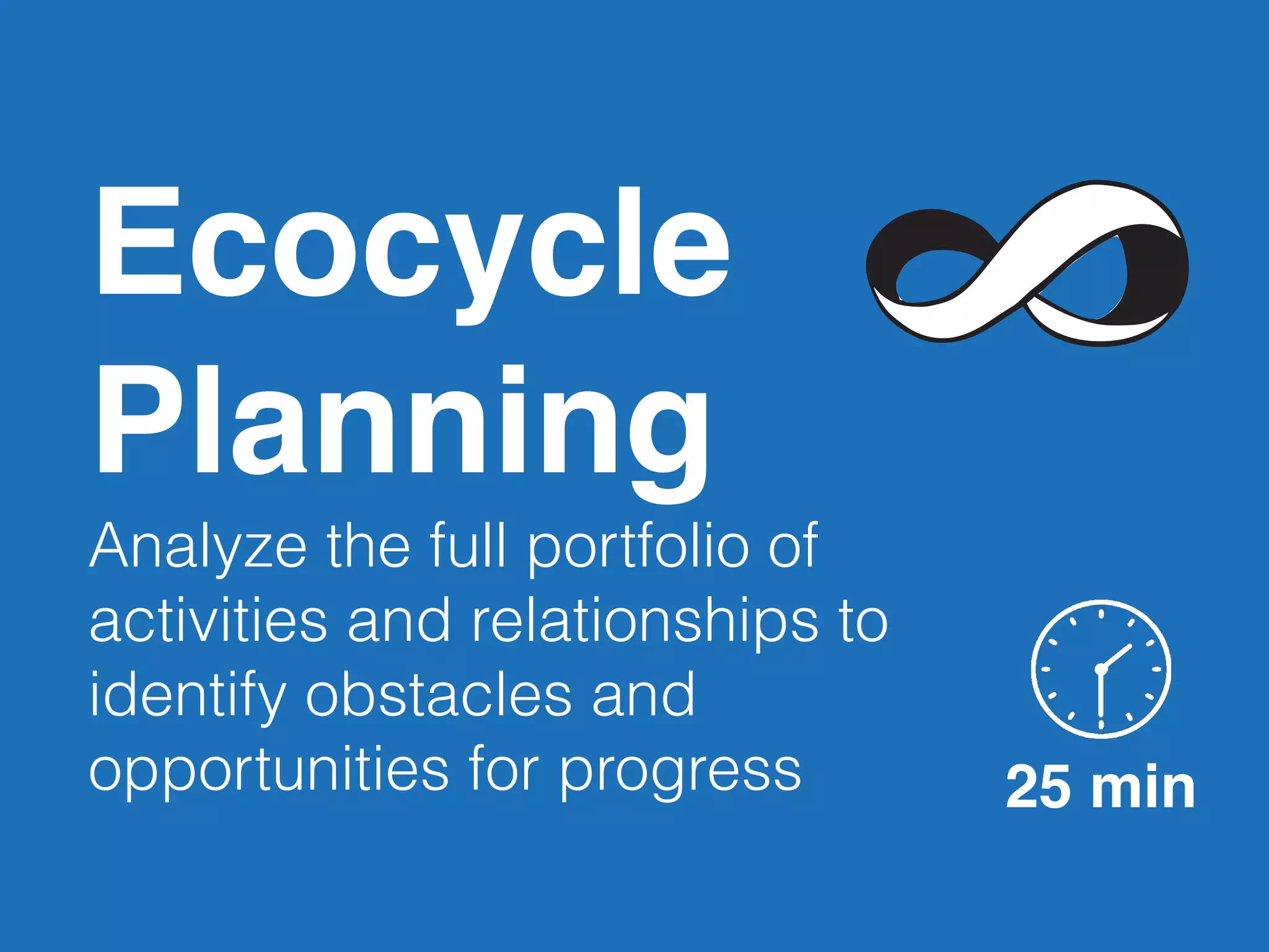 Ecocycle
Planning
Analyze the full portfolio of
activities and relationships to
identify obstacles and
opportunities for progress 25 min
 