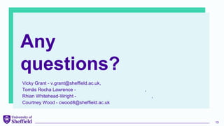 Any
questions?
Vicky Grant - v.grant@sheffield.ac.uk,
Tomás Rocha Lawrence - liberation.officer@sheffield.ac.uk,
Rhian Whitehead-Wright - r.whitehead-wright@sheffield.ac.uk,
Courtney Wood - cwood8@sheffield.ac.uk
15
 