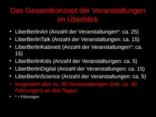 Das Gesamtkonzept der Veranstaltungen
im Überblick
• LiberBerlinArt (Anzahl der Veranstaltungen*: ca. 25)
• LiberBerlinTalk (Anzahl der Veranstaltungen: ca. 15)
• LiberBerlinKabinett (Anzahl der Veranstaltungen*: ca.
15)
• LiberBerlinKids (Anzahl der Veranstaltungen: ca. 5)
• LiberBerlinDigital (Anzahl der Veranstaltungen: ca. 15)
• LiberBerlinScience (Anzahl der Veranstaltungen: ca. 5)
• Insgesamt also ca. 80 Veranstaltungen (inkl. ca. 40
Führungen) an drei Tagen
• * = Führungen
 