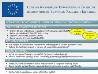RCUK POLICY. BIS COMMITTEE (HOUSE OF COMMONS) RECCOMENDATIONS
TYPE OF OPEN ACCESS PREFERENCE
•
•
•
•

UK

GREEN OA and Institutional repositories’ infrastructure are CRUCIAL for OA
investment
Reinstate IMMEDIATE DEPOSIT in its policy
in IR
Improve COMPLIANCE MONITORING
Come back to 6-12 months EMBARGO

ECONOMIC IMPACT
•
•

Is it wise to ask universities to contribute to block grant in current economic crisis?
Is Gold OA having an impact in current UK subscription purchasing?

HYBRID JOURNALS
•
•

RCUK to cover APCs only in pure GOLD OA (avoid double dipping)
Even if not double dipping: is UK’s subsidizing purchasing subscriptions worldwide?

APC
•
•

Asses APC costs (different in hybrid and pure OA?; is the policy inflating APCs?
Come back to use grant funds to publish (authors are more sensitive to APC costs)

•

Author’s to choose licence under which they publish

LICENSE

International
trend: Green
OA

 