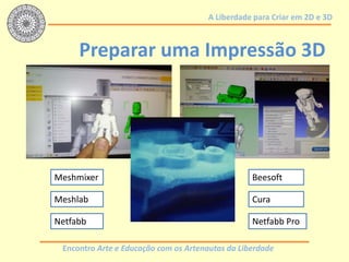 Encontro Arte e Educação com os Artenautas da Liberdade
A Liberdade para Criar em 2D e 3D
Preparar uma Impressão 3D
Meshmixer
Meshlab
Netfabb
Beesoft
Cura
Netfabb Pro
 