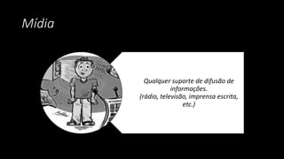 Mídia
Qualquer suporte de difusão de
informações.
(rádio, televisão, imprensa escrita,
etc.)
 