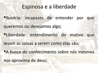Espinosa e a liberdade
Ilusória: incapazes de entender por que
queremos ou desejamos algo;
Liberdade: entendimento do motivo que
levam as coisas a serem como elas são;
A busca do conhecimento sobre nós mesmos
nos aproxima de deus;

 