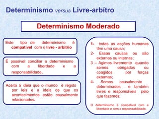 Determinismo Moderado Determinismo  versus  Livre-arbítro Aceita a ideia que o mundo  é regido  por leis e a ideia de que os acontecimentos estão causalmente relacionados .  Este  tipo de  determinismo  é  compatível   com o  livre - arbítrio É possível conciliar o determinismo  com a liberdade e a responsabilidade . 1-  todas as acções humanas têm uma causa; 2- Essas causas ou são externas ou internas; 3 – Agimos livremente  quando somos obrigados ou coagidos  por forças externas; 4- Somos causalmente  determinados  e também livres e responsáveis  pelo que fazemos; O determinismo é compatível com a liberdade e com a responsabilidade.  