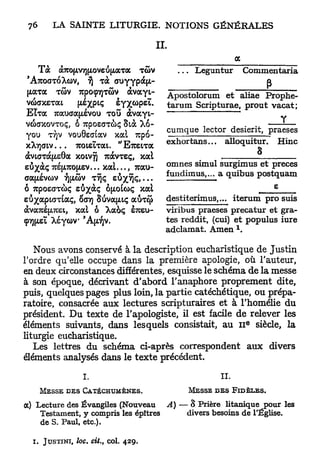 IL
                                                                           a
       Tà    À7UO(AV7}FI,oveiS[JIOCTA     TÛV           ...    Leguntur        Commentaria
'ÀTOaToXcov,      7i T A auyypàf*-
                                                                                    P
PATA        TÛV 7RPO97)TÛ>v àvayt-
                                                     Apostolorum et aliae Prophe-
                                                     tarum Scripturae, prout vacat;
Elxa        7RAUAA(JLSVOU   TOU À V A Y T -
VC&AXOVTOÇ, O 7TPOEOTÀÇ 8ià               Xo-                                           ï
you TVJV vouôeatav xal 7CP6-                c u m q u e lector desierit, praeses
xXTjatv... TOTEÏTAT. "ETOLTOC               exhortans... alloquitur. Hinc
àvtaTafxeGa xoivyj 7RÀVTEÇ, xal                                       8
sôj^àç 7RÉ(X7RO(jtev... x a l . . . , TOCU- omnes simul surgimus et preces
OA(JLSVCÙV TJJJLÔV TÏJÇ S U / T J C , . . . fundimus,... a quibus postquam
6 7TPO£FFTO)Ç S U ^ À Ç OFAOLOÇ XAT                                       e
eûjflxpuraaç, O T Suvafiiç
                  OJ                AUTCJI           destiterimus,... iterum pro suis
ÀVA7CÉ(JT,7CET, xai ô Xaoç          £7CEU-           viribus praeses precatur et gra-
Ç J J E Xéywv 'AJJI^V.
 TJL Ï                                               tes reddit, (cui) et populus iure
                                                                           1
                                                     adclamat. Amen .

   Nous avons conservé à la description eucharistique de Justin
l'ordre qu'elle occupe dans la première apologie, où l'auteur,
en deux circonstances différentes, esquisse le schéma de la messe
à son époque, décrivant d'abord l'anaphore proprement dite,
puis, quelques pages plus loin, la partie catéchétique, ou prépa-
ratoire, consacrée aux lectures scripturaires et à l'homélie du
président. D u texte de l'apologiste, il est facile de relever les
                                                                                E
éléments suivants, dans lesquels consistait, a u I I siècle, la
liturgie eucharistique.
   Les lettres du schéma ci-après correspondent a u x divers
éléments analysés dans le t e x t e précédent.

                     I.                                              II.

       M E S S E D E S CATÉCHUMÈNES.                          MESSE DES FIDÈLES.

a) Lecture des Évangiles (Nouveau A) — 8 Prière litanique pour les
    Testament, y compris les épîtres  divers besoins de l'Église,
    de S. Paul, etc.).

  i.    JUSTINI,   loc* cit., col. 429.
 