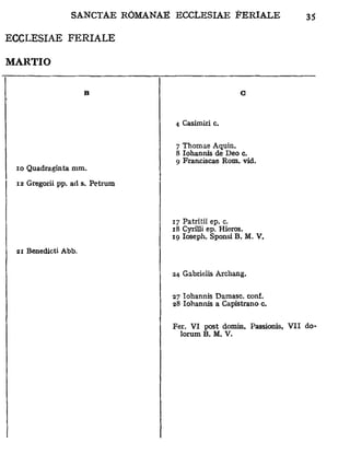 SANCTAE RÔMANAË ECCLESIAE FERIALE                  35

ECCLESIAE F E R I A L E

MARTIO




                                  4 Casimiri c.


                                  7 Thomae Aquin.
                                  8 Iohannis de Deo c.
                                  9 Franciscae Rom. vid.
  10 Quadraginta mm.

  12 Gregorii pp. ad s. Petrum




                                 17 Patritii ep. c.
                                 18 Cyrilli ep. Hieros.
                                 19 Ioseph. Sponsi B. M. V.
  21 Benedicti Abb.


                                 24 Gabrielis Archang.


                                 27 Iohannis Damasc. conf,
                                 28 Iohannis a Capistrano c.


                                 Fer. VI post domin. Passionis, VII do-
                                   lorum B. M. V.
 