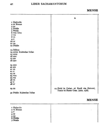 MENSE

                                                  A

 i Kalendis
 2 i v Nonas
 3 i"
 4 Pridie
 5 Nonis
 6 v i n Idus
 7 vu
 8 vi
 9v
10 IV
ZI III
12 Pridie

13 Idibus
14 x v i i i Kalendas Iulias
15 XVII
16 XVI
17 XV
z8 x i v
19 XIII
20 XII
21 XI
82 X
23 IX
24 VIII
25 VII
26 VI
27 V
28 IV

29 III                         29 Pétri in Catac. et Pauli via Ostensi,
                                  Tusco et Basso Coss. (ann. 258).
30 Pridie Kalendas Iulias


                                                              MENSE

 1 Kalendis
 2 v i Nonas
 3V
 4 IV
 5 m
 6 Pridie
 7 Nonis
 