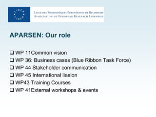 APARSEN: Our role

 WP 11Common vision
 WP 36: Business cases (Blue Ribbon Task Force)
 WP 44 Stakeholder communication
 WP 45 International liasion
 WP43 Training Courses
 WP 41External workshops & events
 
