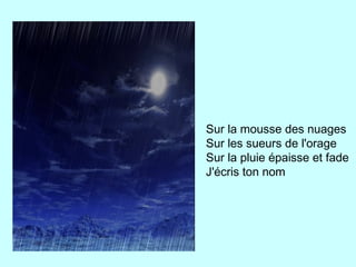 Sur la mousse des nuages
Sur les sueurs de l'orage
Sur la pluie épaisse et fade
J'écris ton nom
 