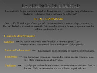 LA AUSENCIA DE LIBERTAD EL DETERMINISMO La convicción de que tenemos libertad no deja de ser una creencia, por muy sólida que sea. ¿Todas las posturas aceptan la evidencia de la libertad? Concepción filosófica que afirma que todo está determinado, causado. Niega, por tanto, la libertad. Todos los acontecimientos están determinados por unos factores, en presencia de los cuales se dan inevitablemente. Clases de determinismo Genético   No somos más que la manifestación de nuestros genes. Todo comportamiento humano está determinado por el código genético. Ambiental/ educacional La educación es determinante en nuestro comportamiento. Económico Son los factores económicos los que determinan nuestra conducta, tanto en el plano social como en el individual. Teológico Hay algo por encima del ser humano que determina sus acciones. Dios, el destino... Todo está determinado a una voluntad superior divina. 