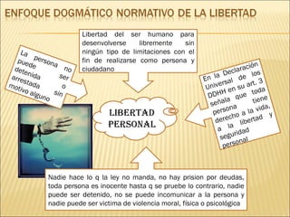 Libertad personal Libertad del ser humano para desenvolverse libremente sin ningún tipo de limitaciones con el fin de realizarse como persona y ciudadano La persona no puede ser detenida o arrestada sin motivo alguno En la Declaración Universal de los DDHH en su art. 3 señala que toda persona tiene derecho a la vida, a la libertad y seguridad personal Nadie hace lo q la ley no manda, no hay prision por deudas, toda persona es inocente hasta q se pruebe lo contrario, nadie puede ser detenido, no se puede incomunicar a la persona y nadie puede ser victima de violencia moral, física o psicológica 