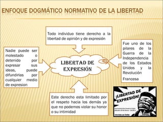 Libertad de expresión Todo individuo tiene derecho a la libertad de opinión y de expresión Nadie puede ser molestado o detenido por expresar sus ideas, puede difundirlas por cualquier medio de expresion  Fue uno de los pilares de la Guerra de la Independencia de los Estados Unidos y la Revolución Francesa   Este derecho esta limitado por el respeto hacia los demás ya que no podemos violar su honor o su intimidad 