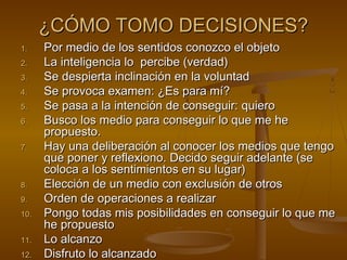 ¿CÓMO TOMO DECISIONES?
1.    Por medio de los sentidos conozco el objeto
2.    La inteligencia lo percibe (verdad)
3.    Se despierta inclinación en la voluntad
4.    Se provoca examen: ¿Es para mí?
5.    Se pasa a la intención de conseguir: quiero
6.    Busco los medio para conseguir lo que me he
      propuesto.
7.    Hay una deliberación al conocer los medios que tengo
      que poner y reflexiono. Decido seguir adelante (se
      coloca a los sentimientos en su lugar)
8.    Elección de un medio con exclusión de otros
9.    Orden de operaciones a realizar
10.   Pongo todas mis posibilidades en conseguir lo que me
      he propuesto
11.   Lo alcanzo
12.   Disfruto lo alcanzado
 