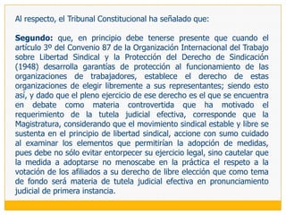 Además de ello, desarrollando el contenido de autonomía que envuelve a la libertad sindical colectiva, el supremo intérprete de la Constitución ha precisado que:5. En efecto, el acto fundacional o constitutivo de una organización sindical, entendido éste como el acuerdo de asociación y la elaboración de las reglas de organización y funcionamiento es una actividad en la cual  se plasma, de manera primaria, el ejercicio de la libertad sindical en su aspecto orgánico. Este derecho fundamental además de garantizar que la creación de la organización y la formación del estatuto se ejecuten sin intervención administrativa extiende su contenido hasta el reconocimiento de la personería jurídica la cual debe ser otorgada evitando la imposición de requisitos de difícil cumplimiento y sin que en esta actividad se permitan decisiones discrecionales que escapen a la mera observancia de los requisitos previstos legalmente.