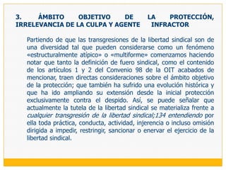 Respecto de los alcances de la actividad sindical como eje de protección, nuestro Tribunal Constitucional ha  señalado, en el fundamento jurídico 12 de la sentencia recaída en el expediente 0206-2005-PA/TC, que:12. Por tanto, debemos considerar que la libertad sindical, en su dimensión plural o colectiva, también protege la autonomía sindical, esto es, que los sindicatos funcionen libremente sin injerencias o actos externos que los afecten.Protege, asimismo, las actividades sindicales que desarrollan los sindicatos y sus afiliados, así como a los dirigentes sindicales, para garantizar el desempeño de sus funciones y que cumplan con el mandato para el que fueron elegidos. Sin esta protección no sería posible el ejercicio de una serie de derechos y libertades, tales como el derecho de reunión sindical, el derecho a la protección de los representantes sindicales para su actuación sindical, la defensa de los intereses de los trabajadores sindicalizados y la representación de sus afiliados en procedimientos administrativos y judiciales. Del mismo modo, no sería posible un adecuado ejercicio de la negociación colectiva y del derecho de huelga (cursivas nuestras).