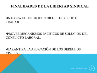 FINALIDADES DE LA LIBERTAD SINDICAL 
• INTEGRA EL FIN PROTECTOR DEL DERECHO DEL 
TRABAJO. 
• PROVEE MECANISMOS PACIFICOS DE SOLUCION DEL 
CONFLICTO LABORAL. 
• GARANTIZA LA APLICACIÓN DE LOS DERECHOS 
CIVILES. 
LUIS.E.VILLAZON LEON 12 
 