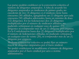 Las partes podrán establecer en la convención colectiva el
número de dirigentes amparados. A falta de acuerdo los
dirigentes amparados en sindicatos de primer grado, no
excederán de tres (3) dirigentes si el sindicato tiene hasta
cincuenta (50) afiliados, agregándose un (1) dirigente por cada
cincuenta (50) afiliados adicionales, hasta un máximo de doce
(12) dirigentes. En las federaciones dos (2) dirigentes
multiplicados por el número de sindicatos afiliados, no
pudiendo sobrepasar en cualquier caso de quince (15)
dirigentes ni comprender más de un (1) dirigente por empresa.
En la Confederación hasta dos (2) dirigentes multiplicados por
el número de federaciones afiliadas, no pudiendo sobrepasar
en cualquier caso de veinte (20), ni comprender más de un (1)
dirigente por empresa.
Mediante convención colectiva se podrá fijar un número
mayor de dirigentes amparados por el fuero sindical.
No podrá establecerse ni modificarse el número de dirigentes
amparados por el fuero sindical por acto o norma
administrativa.
 