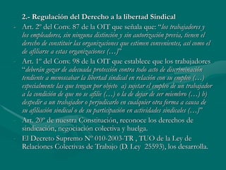 2.- Regulación del Derecho a la libertad Sindical
- Art. 2º del Conv. 87 de la OIT que señala que: “los trabajadores y
los empleadores, sin ninguna distinción y sin autorización previa, tienen el
derecho de constituir las organizaciones que estimen convenientes, así como el
de afiliarse a estas organizaciones (…)”
- Art. 1º del Conv. 98 de la OIT que establece que los trabajadores
“deberán gozar de adecuada protección contra todo acto de discriminación
tendiente a menoscabar la libertad sindical en relación con su empleo (…)
especialmente las que tengan por objeto a) sujetar el empleo de un trabajador
a la condición de que no se afilie (…) o la de dejar de ser miembro (…) b)
despedir a un trabajador o perjudicarlo en cualquier otra forma a causa de
su afiliación sindical o de su participación en actividades sindicales (…)”
- Art. 20º de nuestra Constitución, reconoce los derechos de
sindicación, negociación colectiva y huelga.
- El Decreto Supremo Nº 010-2003-TR , TUO de la Ley de
Relaciones Colectivas de Trabajo (D. Ley 25593), los desarrolla.
 