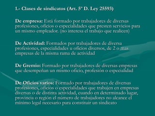 1.- Clases de sindicatos (Art. 5º D. Ley 25593)
De empresa: Está formado por trabajadores de diversas
profesiones, oficios o especialidades que presten servicios para
un mismo empleador. (no interesa el trabajo que realicen)
De Actividad: Formados por trabajadores de diversa
profesiones, especialidades u oficios diversos, de 2 o mas
empresas de la misma rama de actividad
De Gremio: Formado por trabajadores de diversas empresas
que desempeñan un mismo oficio, profesión o especialidad
De Oficios varios: Formado por trabajadores de diversas
profesiones, oficios o especialidades que trabajen en empresas
diversas o de distinta actividad, cuando en determinado lugar,
provincia o región el número de trabajadores no alcance el
mínimo legal necesario para constituir un sindicato
 