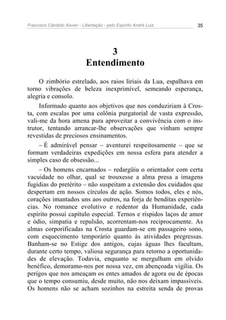 Francisco Cândido Xavier - Libertação - pelo Espírito André Luiz   35




                                  3
                             Entendimento
     O zimbório estrelado, aos raios liriais da Lua, espalhava em
torno vibrações de beleza inexprimível, semeando esperança,
alegria e consolo.
     Informado quanto aos objetivos que nos conduziriam à Cros-
ta, com escalas por uma colônia purgatorial de vasta expressão,
vali-me da hora amena para aproveitar a convivência com o ins-
trutor, tentando arrancar-lhe observações que vinham sempre
revestidas de preciosos ensinamentos.
     – É admirável pensar – aventurei respeitosamente – que se
formam verdadeiras expedições em nossa esfera para atender a
simples caso de obsessão...
     – Os homens encarnados – redargüiu o orientador com certa
vacuidade no olhar, qual se trouxesse a alma presa a imagens
fugidias do pretérito – não suspeitam a extensão dos cuidados que
despertam em nossos círculos de ação. Somos todos, eles e nós,
corações imantados uns aos outros, na forja de benditas experiên-
cias. No romance evolutivo e redentor da Humanidade, cada
espírito possui capítulo especial. Ternos e ríspidos laços de amor
e ódio, simpatia e repulsão, acorrentam-nos reciprocamente. As
almas corporificadas na Crosta guardam-se em passageiro sono,
com esquecimento temporário quanto às atividades pregressas.
Banham-se no Estige dos antigos, cujas águas lhes facultam,
durante certo tempo, valiosa segurança para retorno a oportunida-
des de elevação. Todavia, enquanto se mergulham em olvido
benéfico, demoramo-nos por nossa vez, em abençoada vigília. Os
perigos que nos ameaçam os entes amados de agora ou de épocas
que o tempo consumiu, desde muito, não nos deixam impassíveis.
Os homens não se acham sozinhos na estreita senda de provas
 
