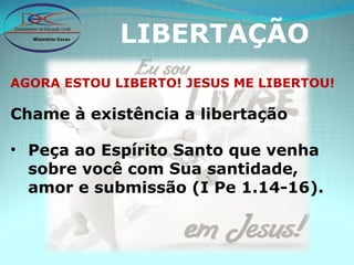 LIBERTAÇÃO AGORA ESTOU LIBERTO! JESUS ME LIBERTOU! Chame à existência a libertação Peça ao Espírito Santo que venha sobre você com Sua santidade, amor e submissão (I Pe 1.14-16). 