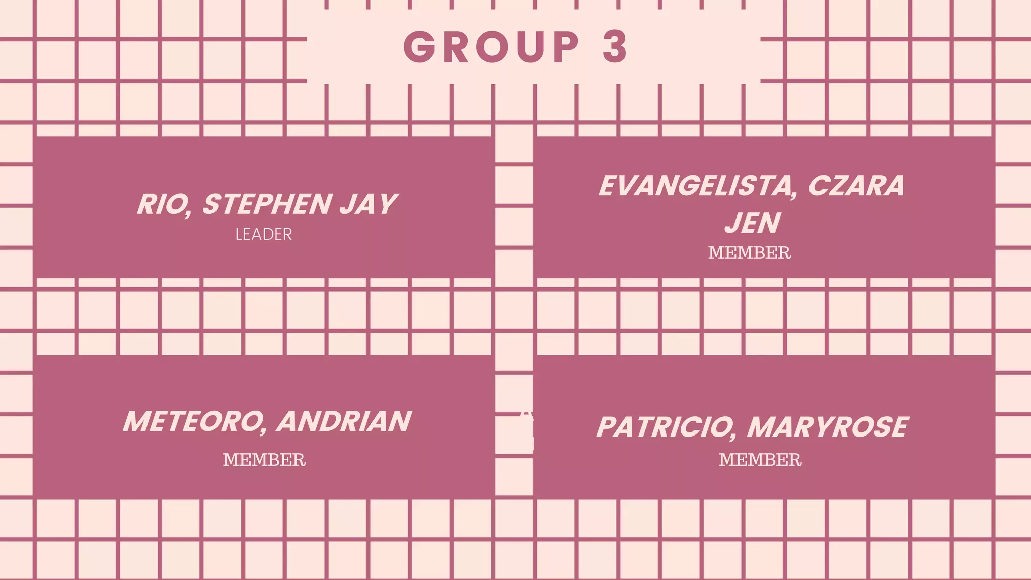 RIO, STEPHEN JAY
AWARDED THROUGHOUT
OUR HISTORY
METEORO, ANDRIAN PATRICIO, MARYROSE
EVANGELISTA, CZARA
JENLEADER
MEMBER
MEMBER MEMBER
GROUP 3
 