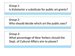 Group 1-
Is Kickstarter a substitute for public art grants?
Group 2-
Who should decide which art the public sees?
Group 3-
What percentage of New Yorkers should the
Dept. of Cultural Affairs aim to please?
 
