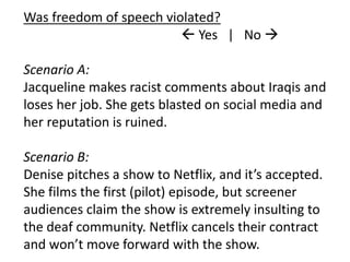 Was freedom of speech violated?
 Yes | No 
Scenario A:
Jacqueline makes racist comments about Iraqis and
loses her job. She gets blasted on social media and
her reputation is ruined.
Scenario B:
Denise pitches a show to Netflix, and it’s accepted.
She films the first (pilot) episode, but screener
audiences claim the show is extremely insulting to
the deaf community. Netflix cancels their contract
and won’t move forward with the show.
 