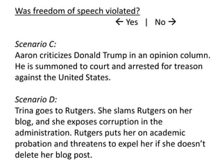 Was freedom of speech violated?
 Yes | No 
Scenario C:
Aaron criticizes Donald Trump in an opinion column.
He is summoned to court and arrested for treason
against the United States.
Scenario D:
Trina goes to Rutgers. She slams Rutgers on her
blog, and she exposes corruption in the
administration. Rutgers puts her on academic
probation and threatens to expel her if she doesn’t
delete her blog post.
 