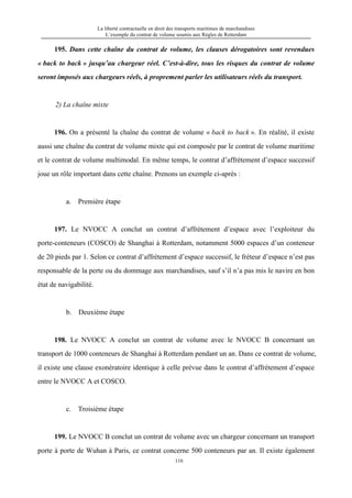 La liberté contractuelle en droit des transports maritimes de marchandises
L’exemple du contrat de volume soumis aux Règles de Rotterdam
116
195. Dans cette chaîne du contrat de volume, les clauses dérogatoires sont revendues
« back to back » jusqu’au chargeur réel. C’est-à-dire, tous les risques du contrat de volume
seront imposés aux chargeurs réels, à proprement parler les utilisateurs réels du transport.
2) La chaîne mixte
196. On a présenté la chaîne du contrat de volume « back to back ». En réalité, il existe
aussi une chaîne du contrat de volume mixte qui est composée par le contrat de volume maritime
et le contrat de volume multimodal. En même temps, le contrat d’affrètement d’espace successif
joue un rôle important dans cette chaîne. Prenons un exemple ci-après :
a. Première étape
197. Le NVOCC A conclut un contrat d’affrètement d’espace avec l’exploiteur du
porte-conteneurs (COSCO) de Shanghai à Rotterdam, notamment 5000 espaces d’un conteneur
de 20 pieds par 1. Selon ce contrat d’affrètement d’espace successif, le fréteur d’espace n’est pas
responsable de la perte ou du dommage aux marchandises, sauf s’il n’a pas mis le navire en bon
état de navigabilité.
b. Deuxième étape
198. Le NVOCC A conclut un contrat de volume avec le NVOCC B concernant un
transport de 1000 conteneurs de Shanghai à Rotterdam pendant un an. Dans ce contrat de volume,
il existe une clause exonératoire identique à celle prévue dans le contrat d’affrètement d’espace
entre le NVOCC A et COSCO.
c. Troisième étape
199. Le NVOCC B conclut un contrat de volume avec un chargeur concernant un transport
porte à porte de Wuhan à Paris, ce contrat concerne 500 conteneurs par an. Il existe également
 