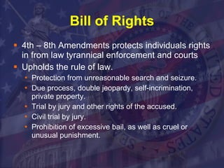 Bill of Rights 4th – 8th Amendments protects individuals rights in from law tyrannical enforcement and courts Upholds the rule of law. Protection from unreasonable search and seizure.  Due process, double jeopardy, self-incrimination, private property.  Trial by jury and other rights of the accused.  Civil trial by jury.  Prohibition of excessive bail, as well as cruel or unusual punishment. 