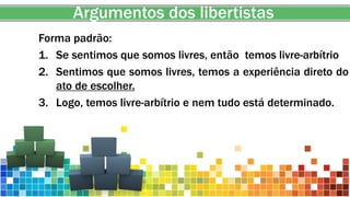 Argumentos dos libertistas
Forma padrão:Se sentimos que somos livres, então
1. Se sentimos que somos livres, então temos livre-arbítrio
2. Sentimos que somos livres, temos a experiência direto do
ato de escolher.
3. Logo, temos livre-arbítrio e nem tudo está determinado.
 