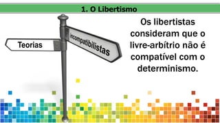 Os libertistas
consideram que o
livre-arbítrio não é
compatível com o
determinismo.
1. O Libertismo
 