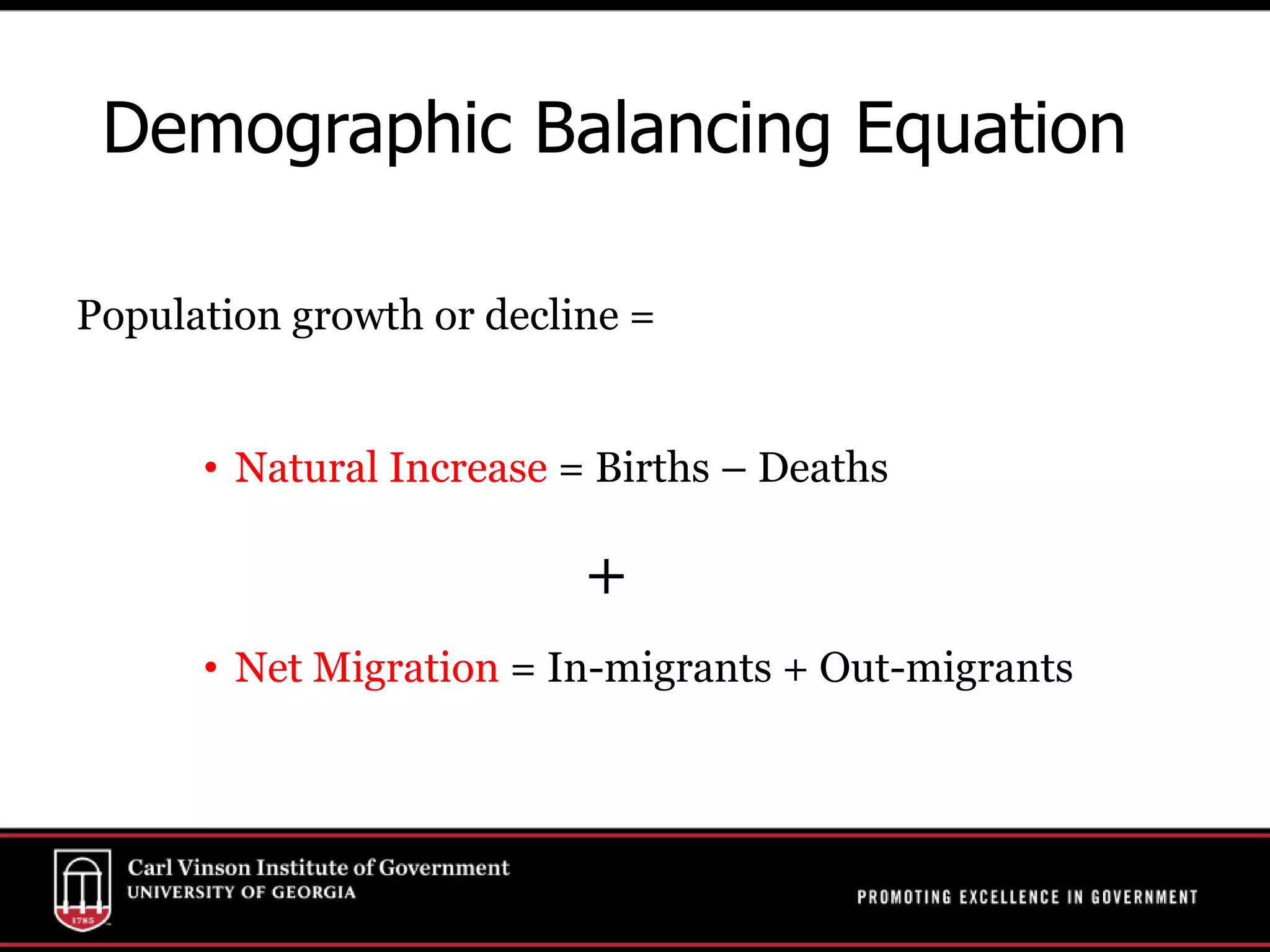 Demographic Balancing Equation
Population growth or decline =
• Natural Increase = Births – Deaths
+
• Net Migration = In-migrants + Out-migrants
Georgia
Liberty Co. Hinesville MSA
United States
 