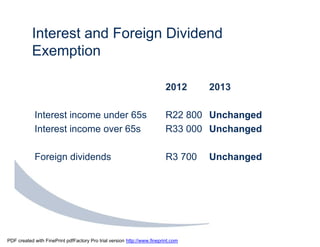 Interest and Foreign Dividend
           Exemption

                                                                          2012     2013

            Interest income under 65s                                     R22 800 Unchanged
            Interest income over 65s                                      R33 000 Unchanged

            Foreign dividends                                             R3 700   Unchanged




PDF created with FinePrint pdfFactory Pro trial version http://www.fineprint.com
 